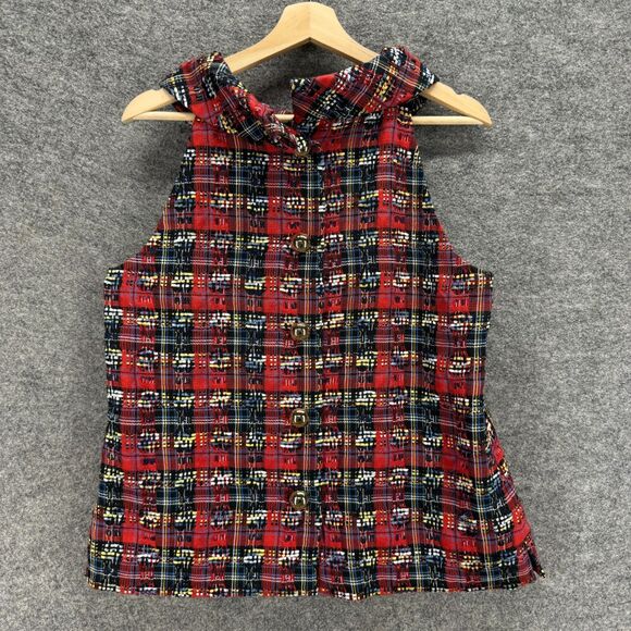 STS Blouse Women L Large Red Plaid Sleeveless Button Round Neck Lined Casual - Picture 2 of 7